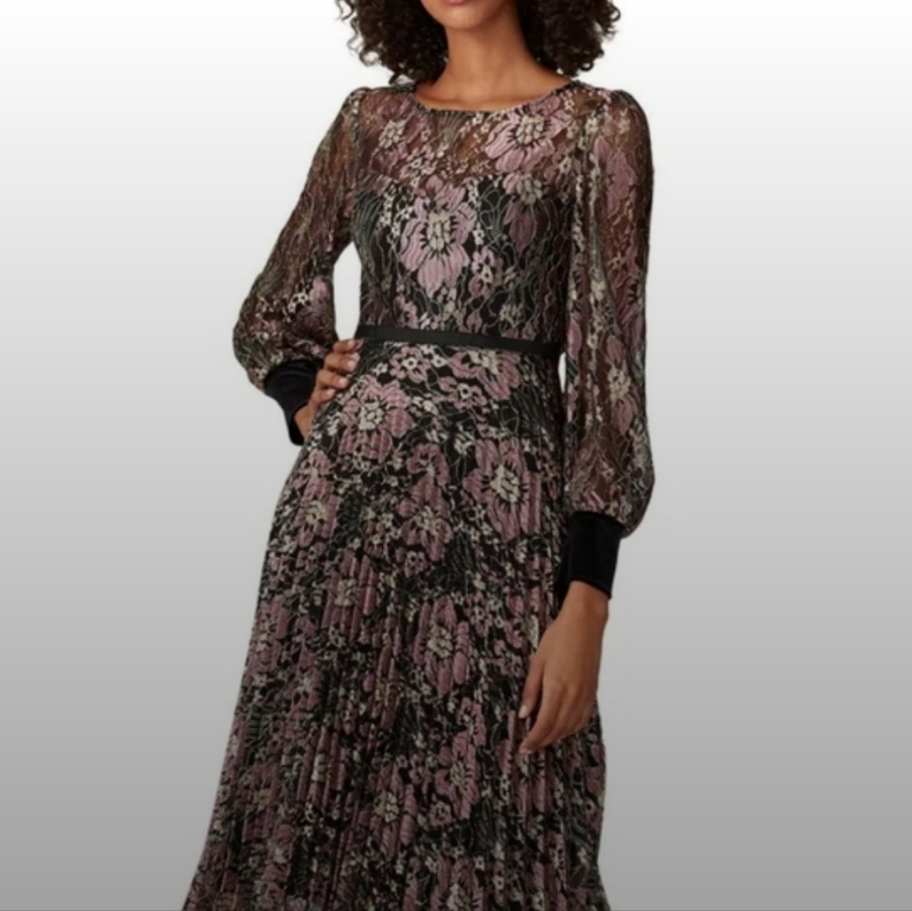 NISSA RTR black and pink floral lace pleated midi dress with velvet cuffs Sz 6